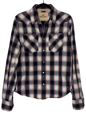 Hollister Men's Plaid Pearl Snap Button-Up Shirt Size Medium navy,cream,red